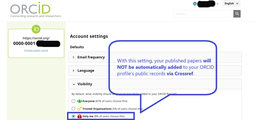 ORCID account setting as private