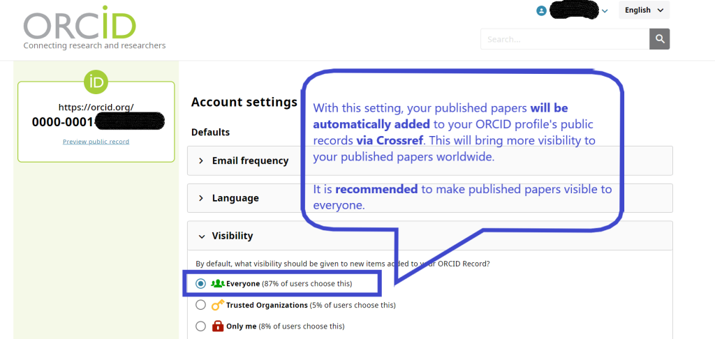 ORCID account setting as public